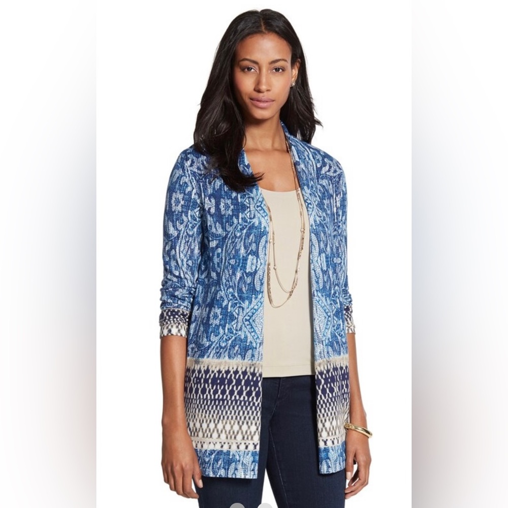 CHICOS Mixed Paisley Maizy Cardigan Sweater Long Blue Ivory Open Front Thin Knit